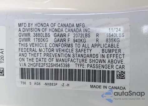 2025 Honda Civic Sport from USA, damaged, VIN 2HGFE2F52SH545398